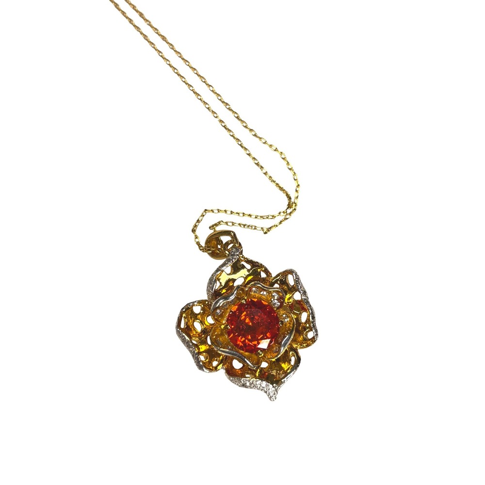 Gold Tone Rose Pendant Necklace Orange Gem Accented CZ